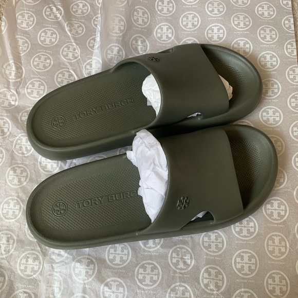 Tory Burch Shower Slides Leccio Dark Forest Green Sandals